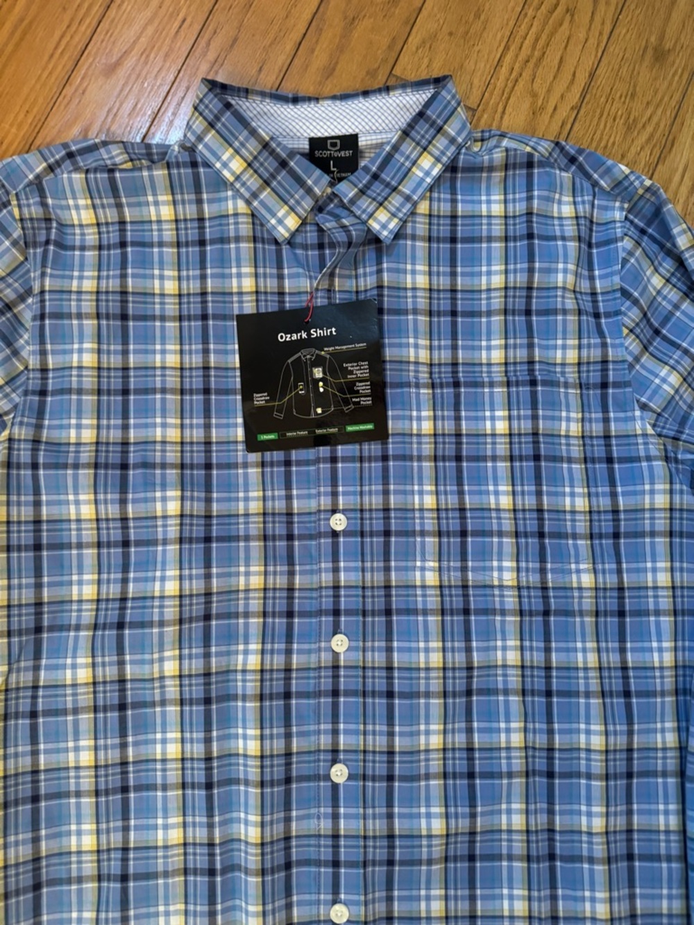 Scottevest Mens Blue Plaid Ozark Button Down Shirt Sz L Casual Office 5 Pocket - Picture 4 of 13